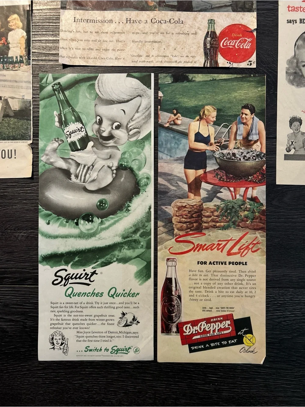 1950s / 40s Coca-Cola, Seven-Up, and Dr Pepper vintage soda Print ads